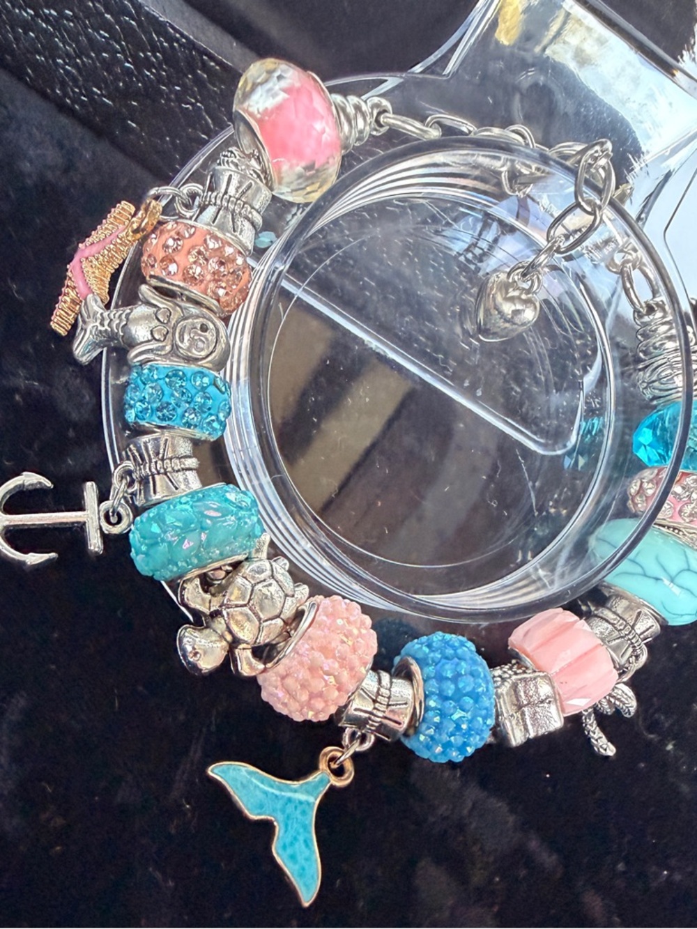 Turquoise & Pink Beaded Charm Bracelet with Mermaid Tail & silver bead Charm